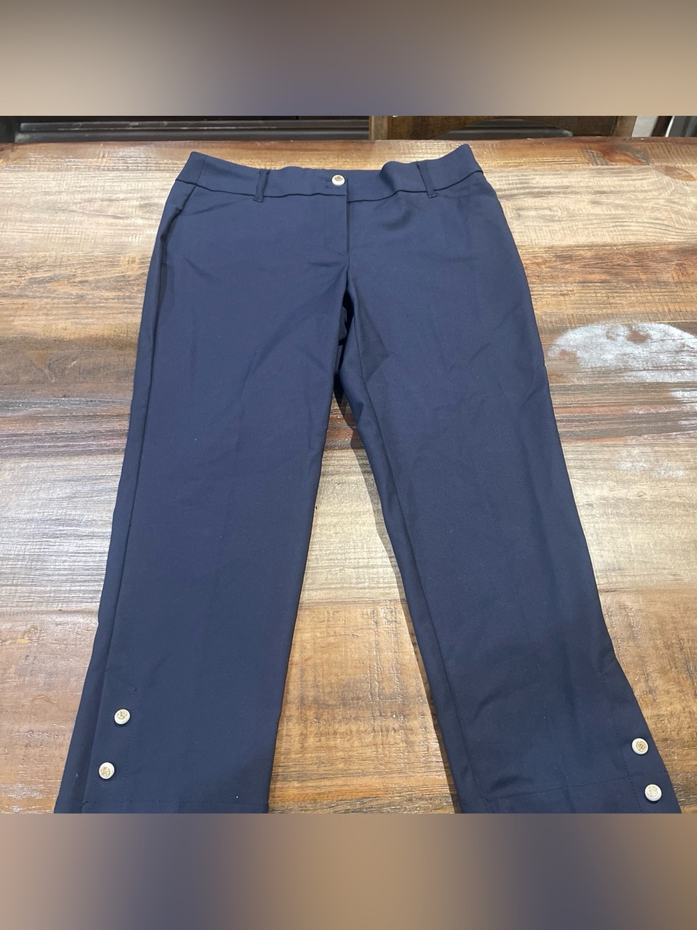 Anne Klein Navy Straight-Leg Dress Pants with Button Hem